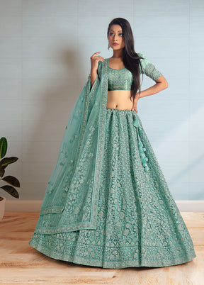 3 Pc Green Net Semi Stitched Lehenga Set - Indian Silk House Agencies