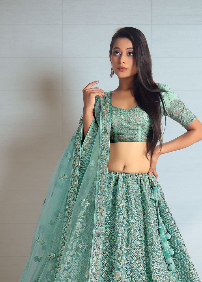 3 Pc Green Net Semi Stitched Lehenga Set - Indian Silk House Agencies