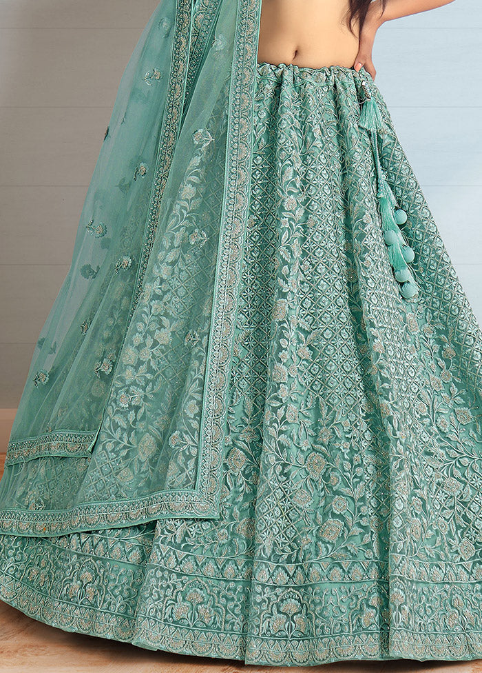 3 Pc Green Net Semi Stitched Lehenga Set - Indian Silk House Agencies