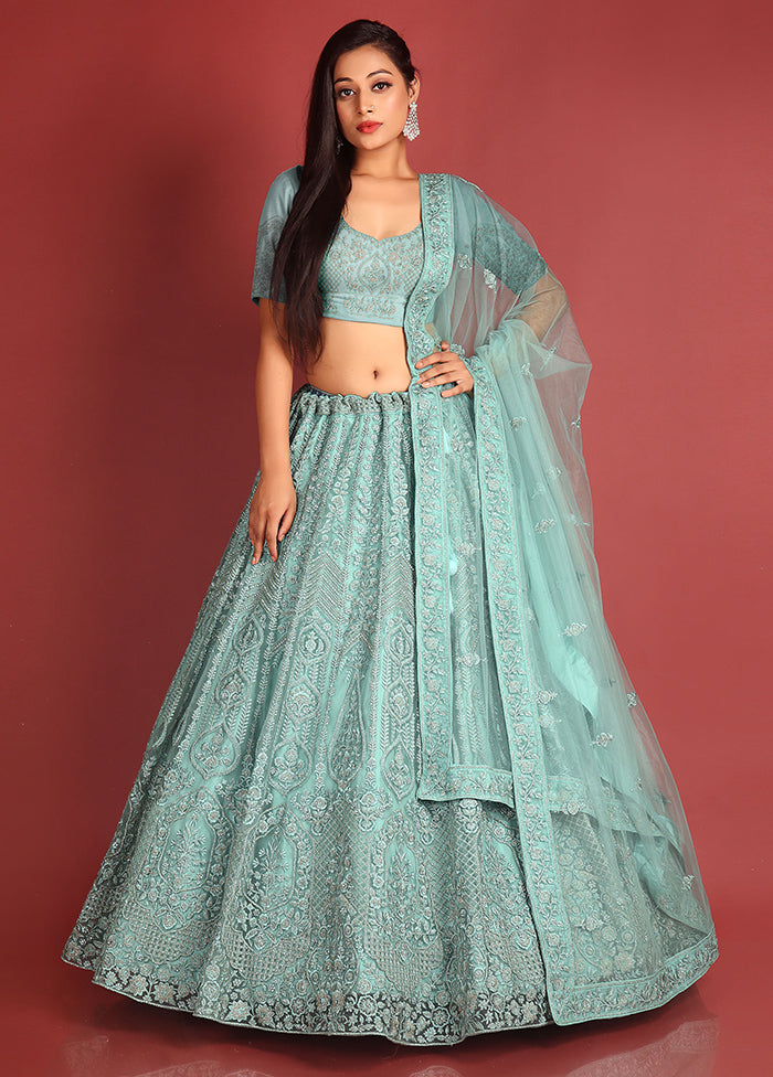 3 Pc Green Net Semi Stitched Lehenga Set - Indian Silk House Agencies