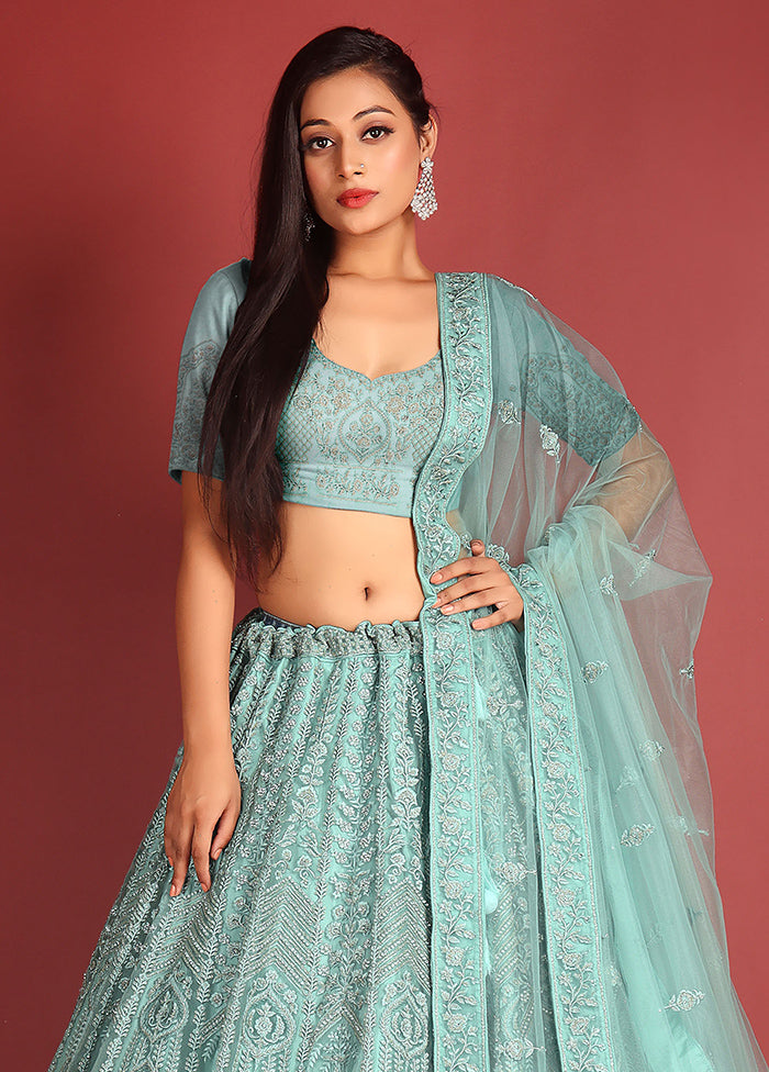 3 Pc Green Net Semi Stitched Lehenga Set - Indian Silk House Agencies