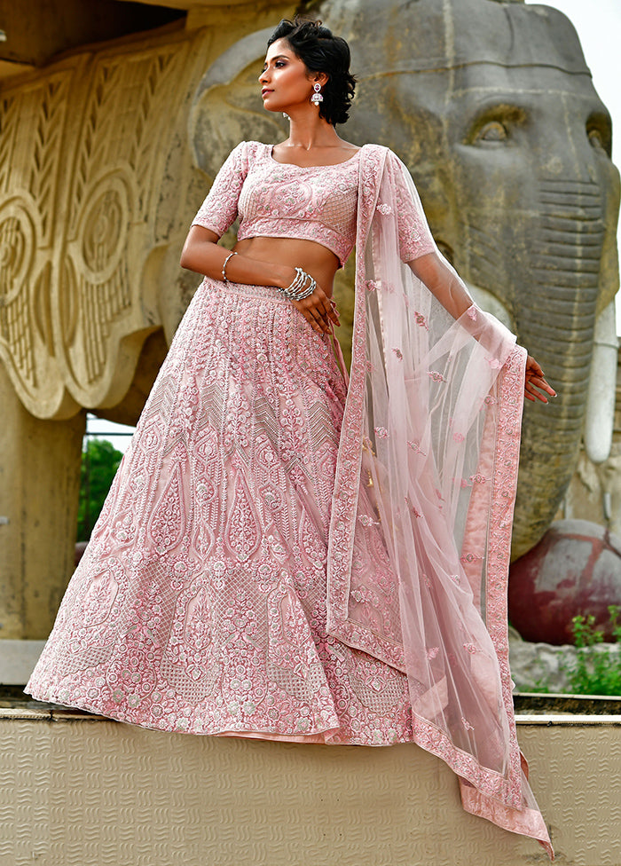 3 Pc Pink Net Semi Stitched Lehenga Set - Indian Silk House Agencies