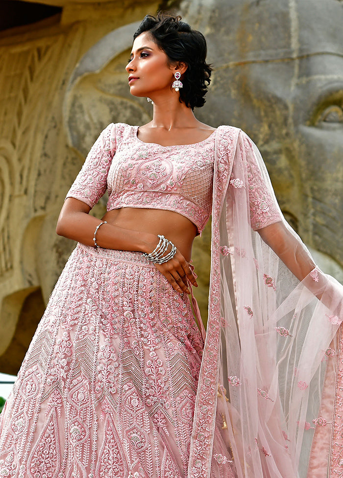 3 Pc Pink Net Semi Stitched Lehenga Set - Indian Silk House Agencies