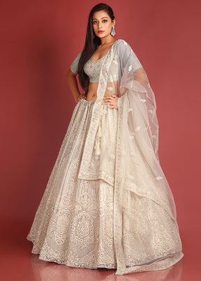 3 Pc White Net Semi Stitched Lehenga Set - Indian Silk House Agencies