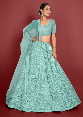 3 Pc Green Net Semi Stitched Lehenga Set - Indian Silk House Agencies