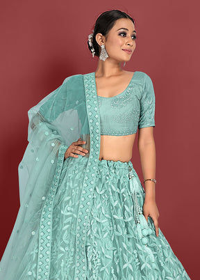 3 Pc Green Net Semi Stitched Lehenga Set - Indian Silk House Agencies