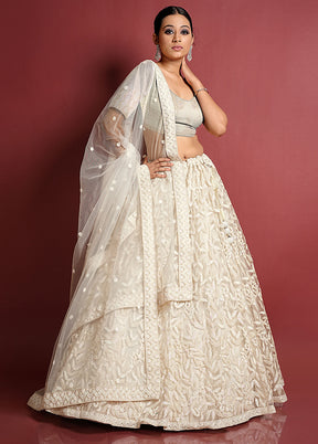 3 Pc White Net Semi Stitched Lehenga Set - Indian Silk House Agencies