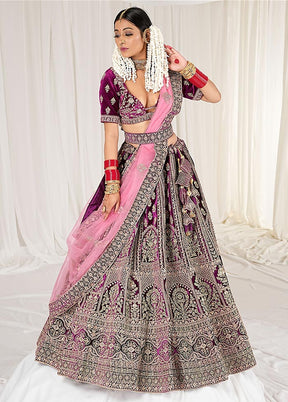 3 Pc Purple Velvet Semi Stitched Bridal Lehenga Set - Indian Silk House Agencies