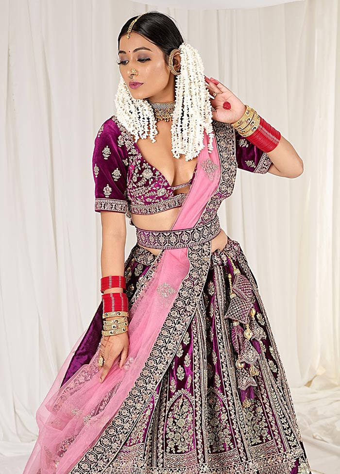 3 Pc Purple Velvet Semi Stitched Bridal Lehenga Set - Indian Silk House Agencies