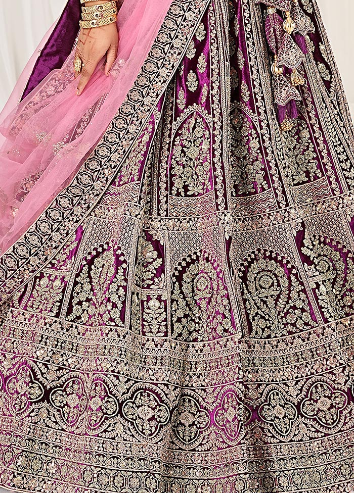 3 Pc Purple Velvet Semi Stitched Bridal Lehenga Set - Indian Silk House Agencies