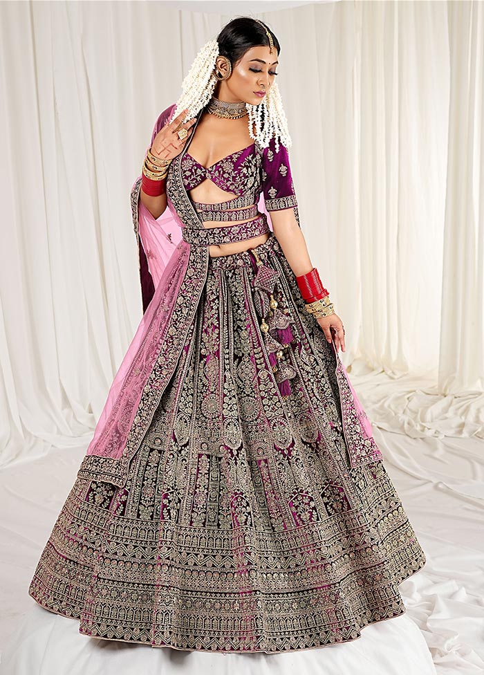 3 Pc Purple Velvet Semi Stitched Bridal Lehenga Set - Indian Silk House Agencies