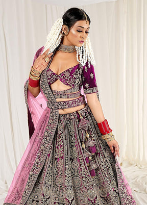 3 Pc Purple Velvet Semi Stitched Bridal Lehenga Set - Indian Silk House Agencies