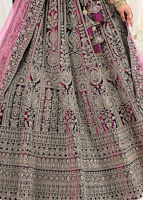 3 Pc Purple Velvet Semi Stitched Bridal Lehenga Set - Indian Silk House Agencies