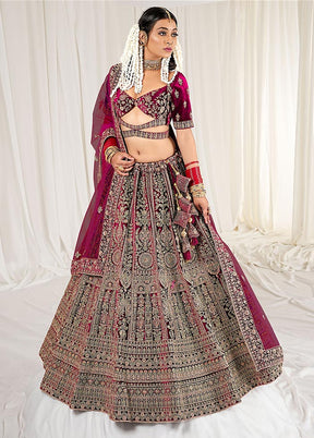 3 Pc Wine Velvet Semi Stitched Bridal Lehenga Set - Indian Silk House Agencies