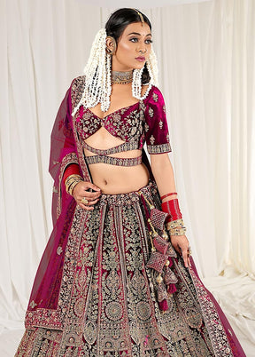 3 Pc Wine Velvet Semi Stitched Bridal Lehenga Set - Indian Silk House Agencies