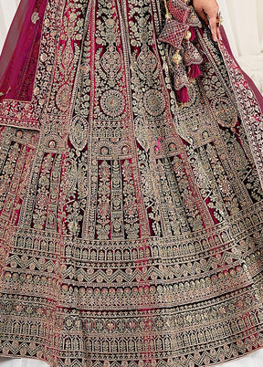 3 Pc Wine Velvet Semi Stitched Bridal Lehenga Set - Indian Silk House Agencies