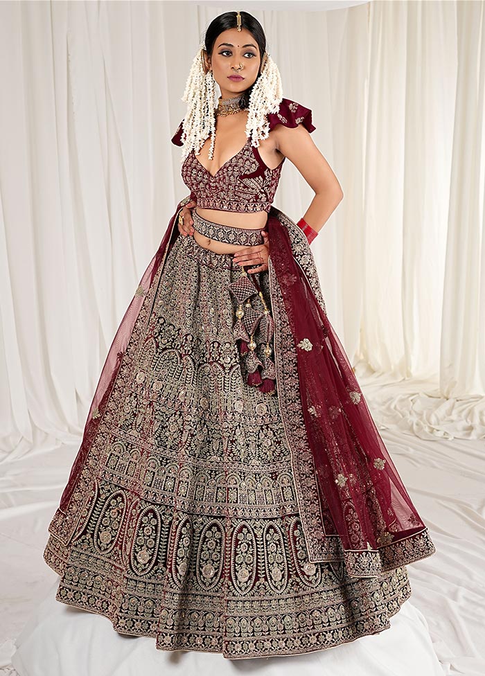 3 Pc Maroon Velvet Semi Stitched Bridal Lehenga Set - Indian Silk House Agencies