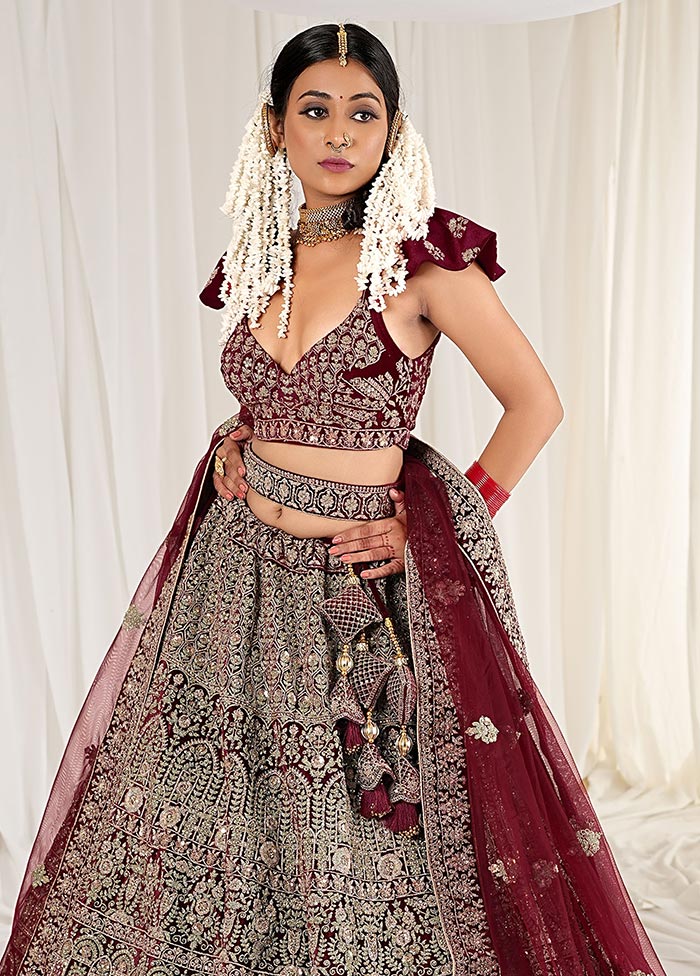 3 Pc Maroon Velvet Semi Stitched Bridal Lehenga Set - Indian Silk House Agencies