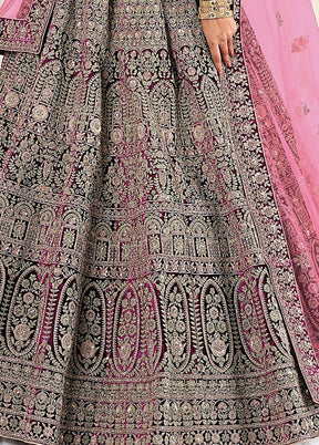 3 Pc Purple Velvet Semi Stitched Bridal Lehenga Set - Indian Silk House Agencies