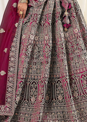 3 Pc Wine Velvet Semi Stitched Bridal Lehenga Set - Indian Silk House Agencies