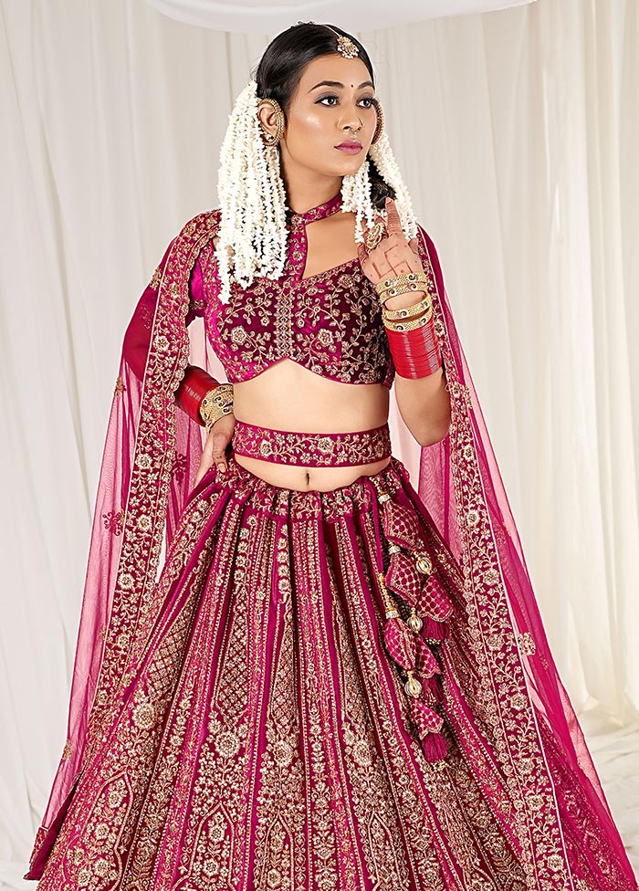 3 Pc Rani Velvet Semi Stitched Bridal Lehenga Set - Indian Silk House Agencies