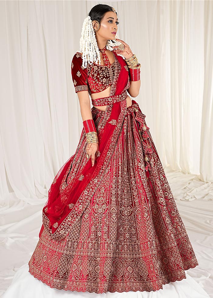 3 Pc Red Velvet Semi Stitched Bridal Lehenga Set - Indian Silk House Agencies