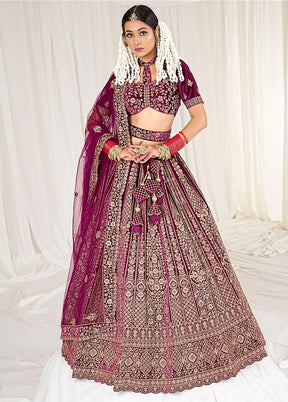 3 Pc Wine Velvet Semi Stitched Bridal Lehenga Set - Indian Silk House Agencies