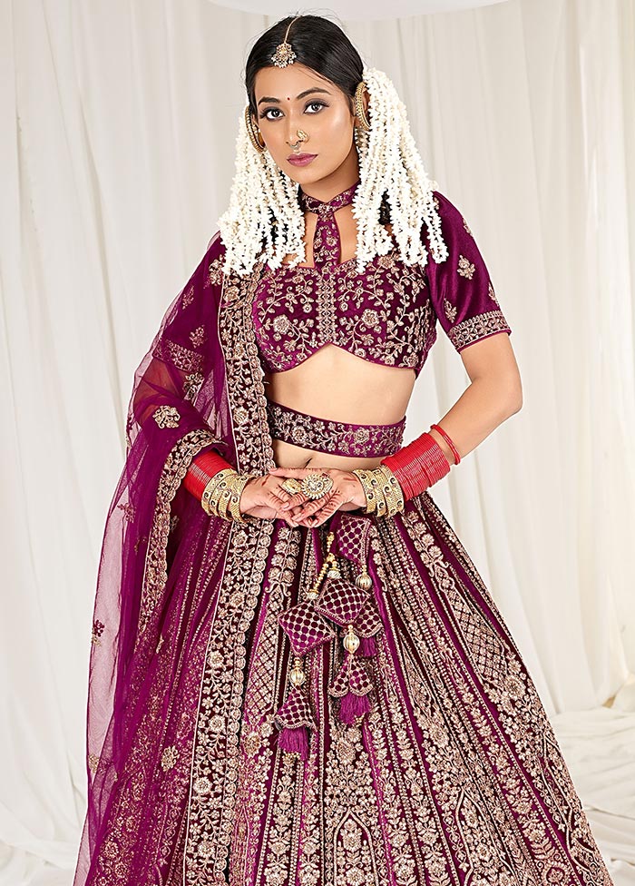 3 Pc Wine Velvet Semi Stitched Bridal Lehenga Set - Indian Silk House Agencies