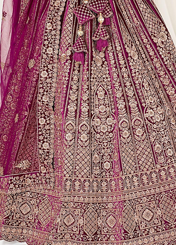 3 Pc Wine Velvet Semi Stitched Bridal Lehenga Set - Indian Silk House Agencies