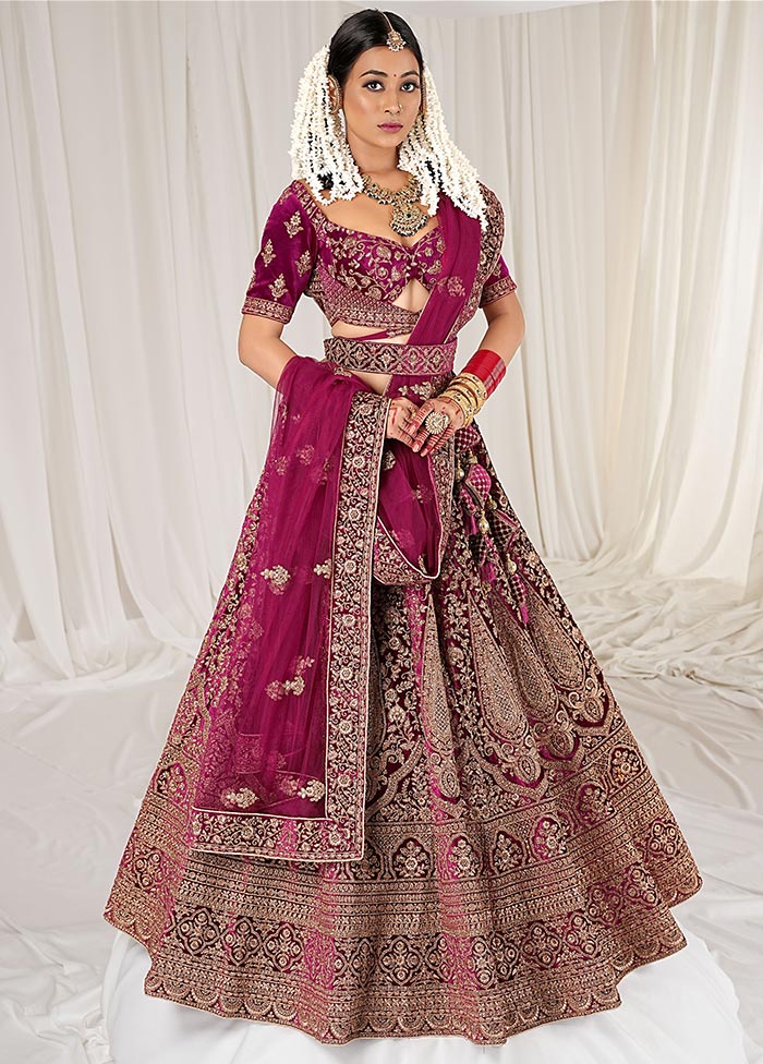 3 Pc Wine Velvet Semi Stitched Bridal Lehenga Set - Indian Silk House Agencies