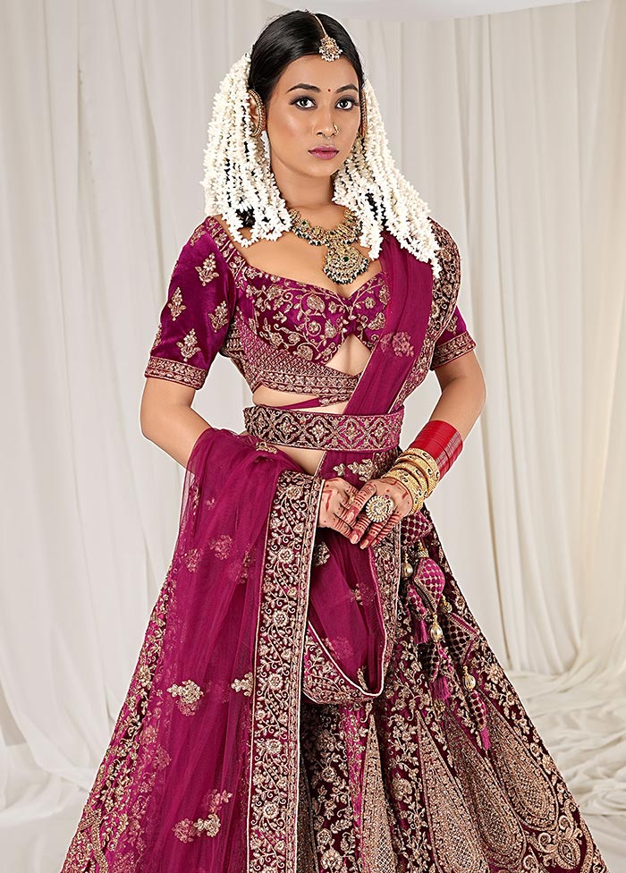 3 Pc Wine Velvet Semi Stitched Bridal Lehenga Set - Indian Silk House Agencies