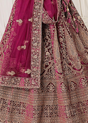 3 Pc Wine Velvet Semi Stitched Bridal Lehenga Set - Indian Silk House Agencies