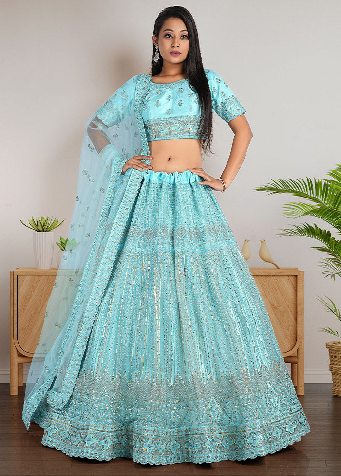 3 Pc Green Net Semi Stitched Lehenga Set - Indian Silk House Agencies