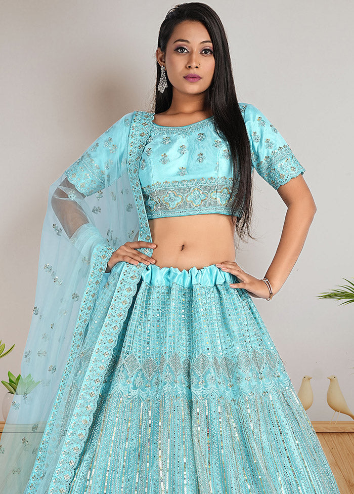 3 Pc Green Net Semi Stitched Lehenga Set - Indian Silk House Agencies