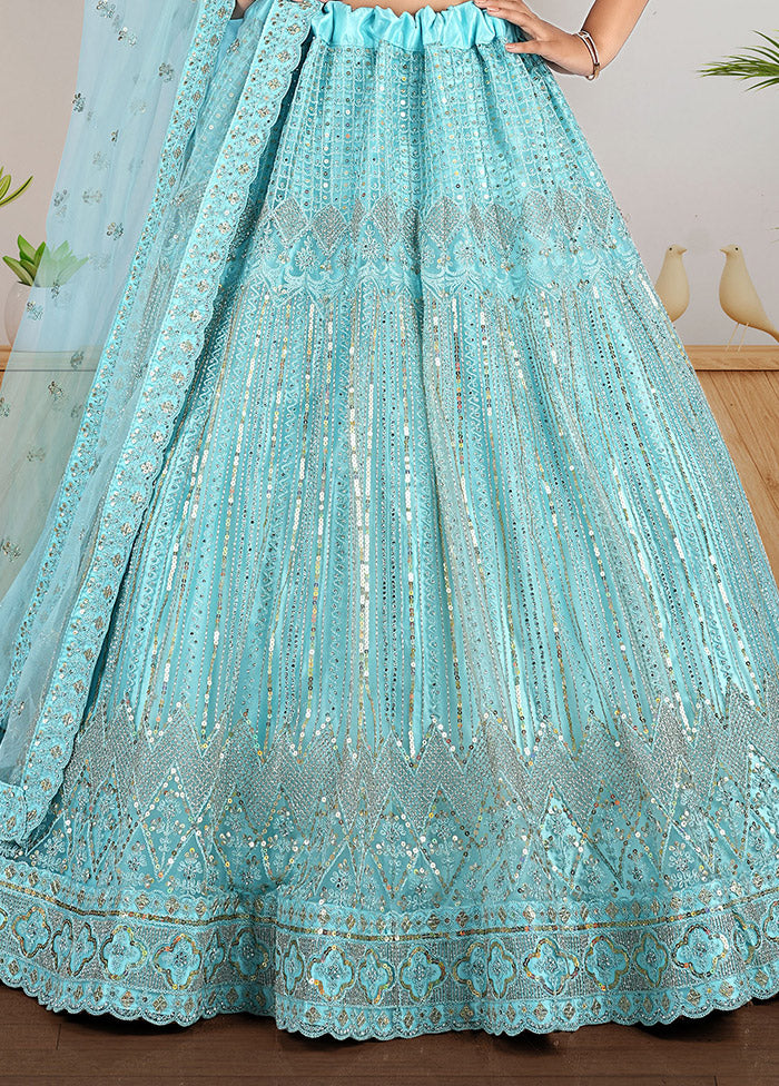 3 Pc Green Net Semi Stitched Lehenga Set - Indian Silk House Agencies