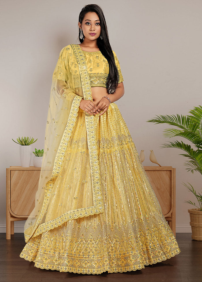 3 Pc Yellow Net Semi Stitched Lehenga Set - Indian Silk House Agencies