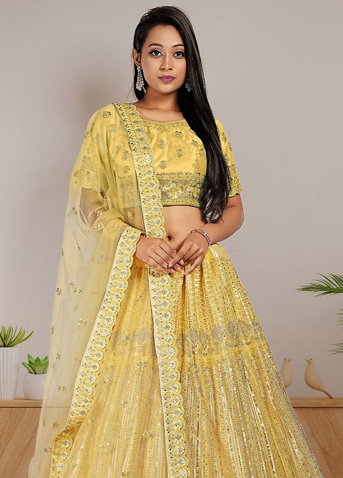 3 Pc Yellow Net Semi Stitched Lehenga Set - Indian Silk House Agencies