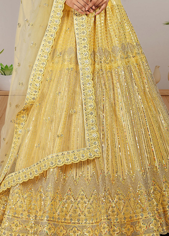 3 Pc Yellow Net Semi Stitched Lehenga Set - Indian Silk House Agencies