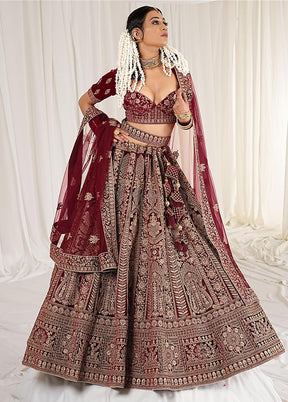 3 Pc Maroon Velvet Semi Stitched Bridal Lehenga Set - Indian Silk House Agencies