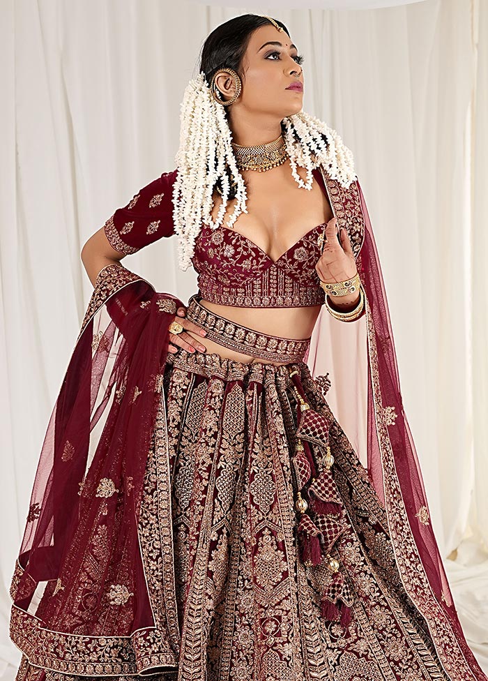 3 Pc Maroon Velvet Semi Stitched Bridal Lehenga Set - Indian Silk House Agencies