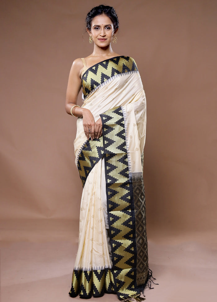 Cream Kanjivaram Silk Saree With Blouse Piece - Indian Silk House Agencies