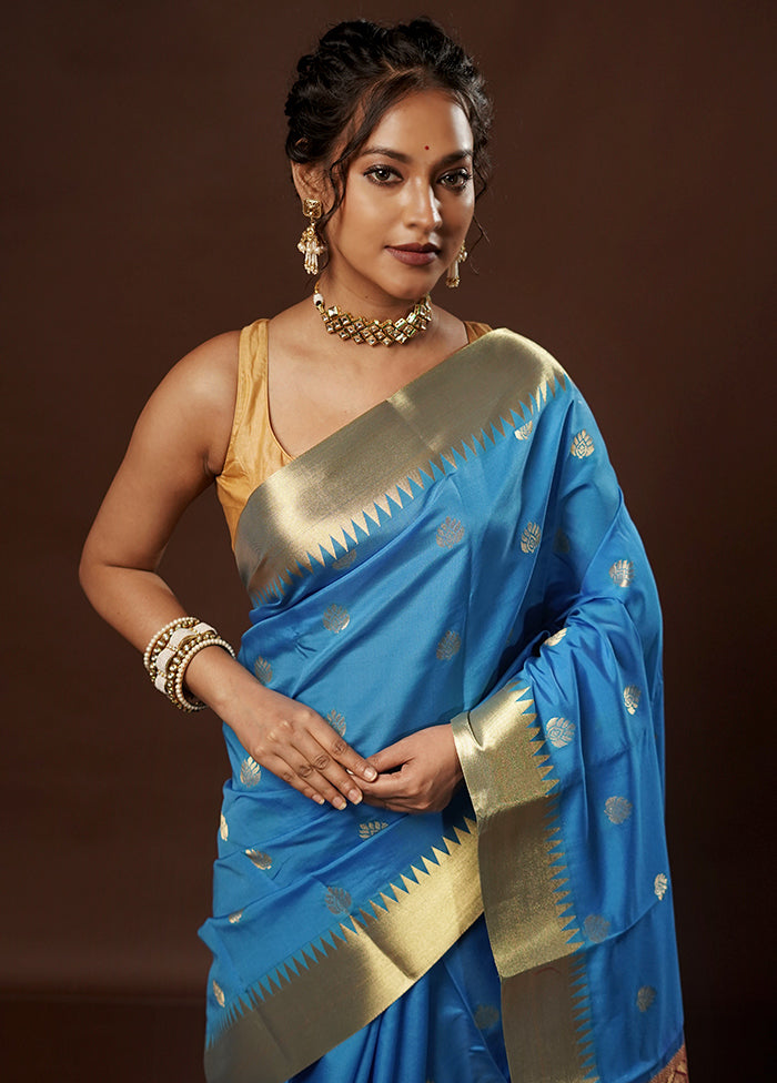 Blue Kanjivaram Silk Saree With Blouse Piece