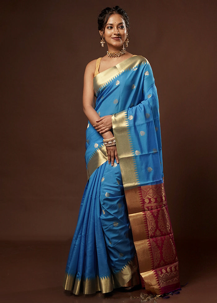 Blue Kanjivaram Silk Saree With Blouse Piece