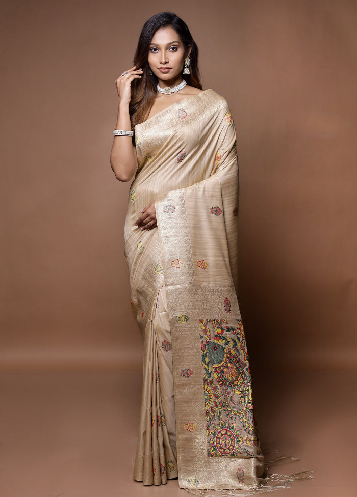 Cream Tussar Silk Saree With Blouse Piece