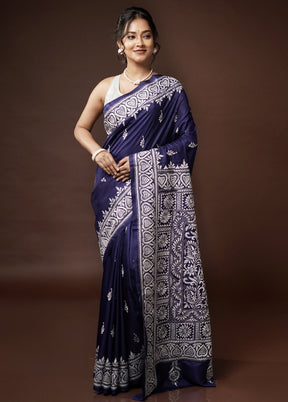 Blue Kantha Stitch Pure Silk Saree With Blouse Piece - Indian Silk House Agencies