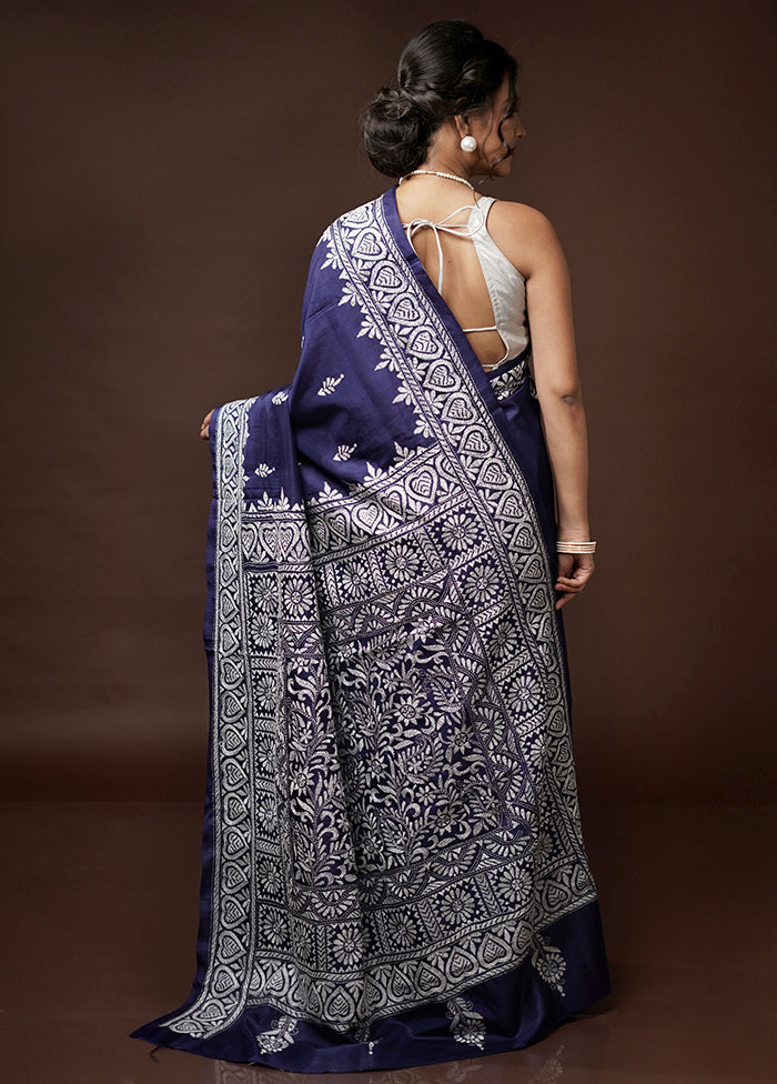 Blue Kantha Stitch Pure Silk Saree With Blouse Piece - Indian Silk House Agencies