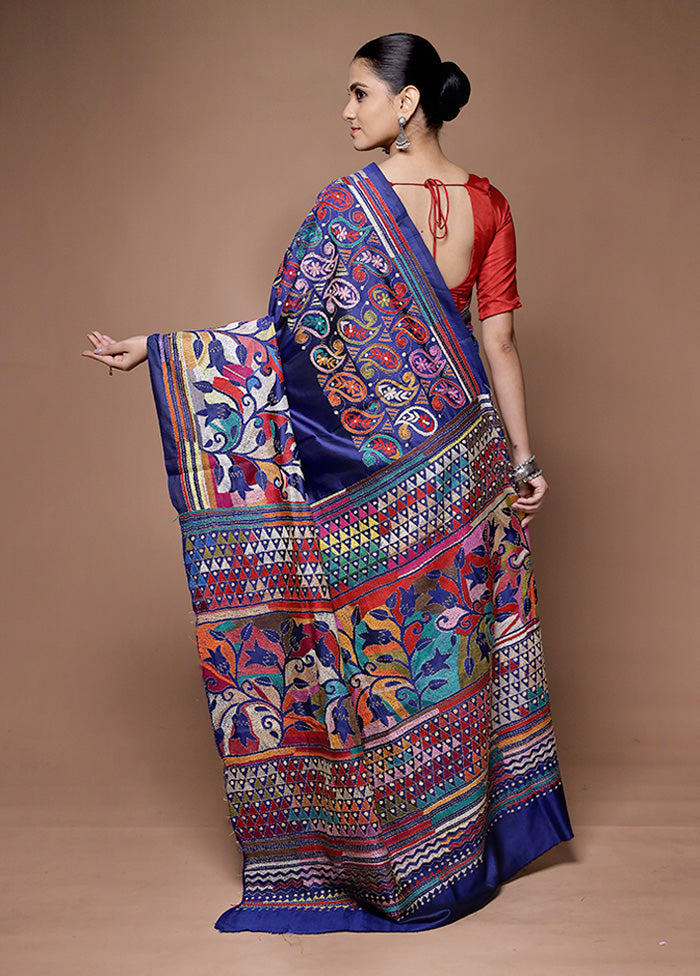 Blue Handloom Kantha Stitch Pure Silk Saree With Blouse Piece