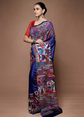 Blue Handloom Kantha Stitch Pure Silk Saree With Blouse Piece