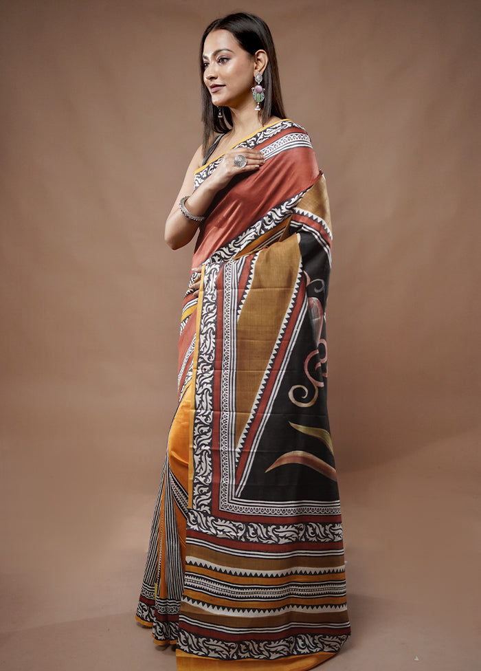 Multicolor Printed Pure Silk Saree With Blouse Piece