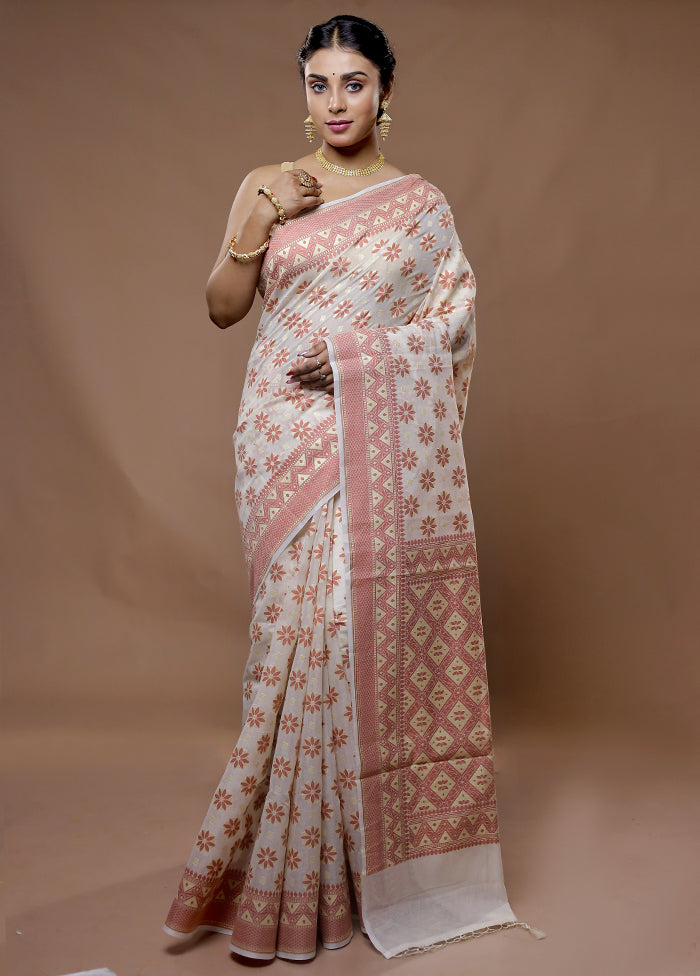 Cream Pure Cotton Saree With Blouse Piece